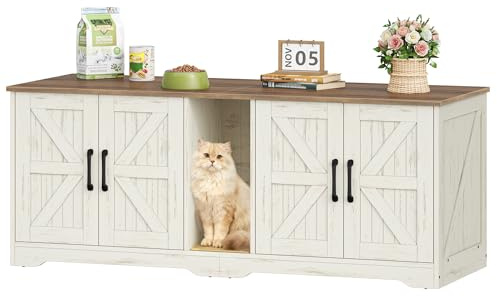 Fobyfurny Katzenklo Schrank für 2 Katzen, 140 x 50 x 55 cm, Braun & Weiß | Katzenklo Versteckt Schrank Möbel, Katzenhaus Holz Beistelltisch mit Kratzmatte, für Wohnzimmer und Schlafzimmer FPCB103PWR1