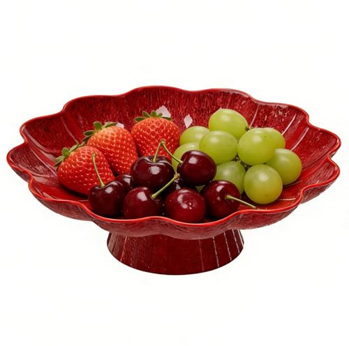 Obstschale Kunststoff Obstteller mit Abflusslöcher PET Servierschüssel Rot | Moderne Fruchtschale Transparent Teller mit Fuß Servierschalen für Snacks Obst Dessert Gemüse Nuss Brot
