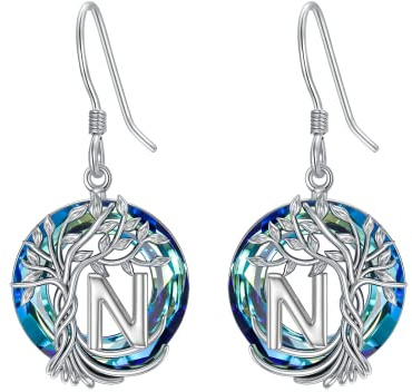 TOUPOP Tree of Life Initial Earrings 925 Sterling Silver A-Z Letter Drop Dangle Earrings Blue Circle Crystal Jewelry Anniversary Birthday Jewellery Gifts for Women Her Wife Girlfriend Mum