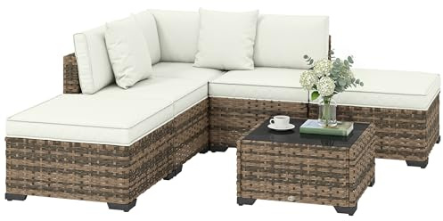Outsunny Salon de Jardin Extérieur d'angle 5 Places Modulable Crème Jaune