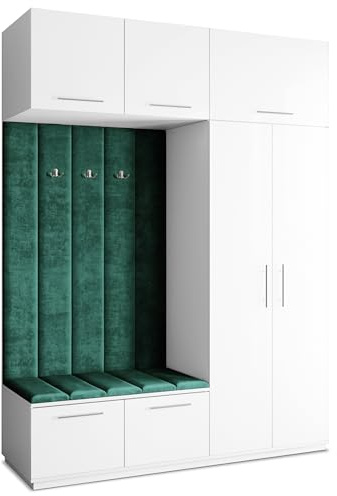 Masseno Flugarderoben Set Rema, Kleiderschrank-Set mit Sitzbank, Garderobenschrank Flur mit 5 Regalböden, Weiß