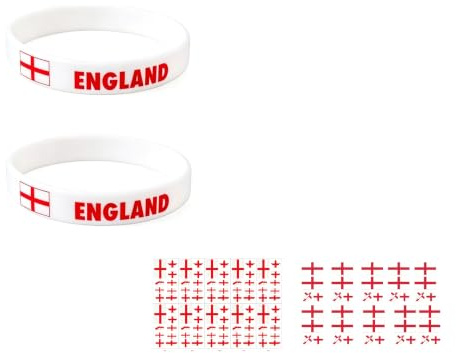 FOURCHEN Temporary Tattoo Stickers for World Cup 2026, 20 Sheets Nation Flags Design, England St George Cross, with Silicone Wristbands, 2 Pack