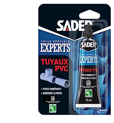Sader Colle PVC Tuyaux et Raccords – Colle PVC Piscine, Plomberie, Gouttière – Colle pour Soudure à Froid – Prise Immédiate – Compatible Eau Potable – Tube de 55 ml Transparent