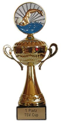 Schwimmen-Henkelpokal mit Resin-Emblem und Gravur.