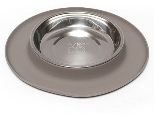 Messy Cats Single Silicone Feeder with Stainless Saucer Shaped Bowl | Anti-Slip Non-Skid Cat Food Bowl | One Cat Bowl in Feeding/Water Station | 1.75 Cups (Grey)