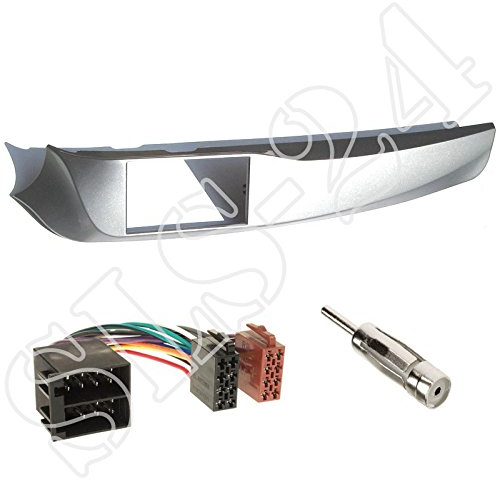 Einbauset: Autoradio Doppel-DIN 2-DIN Blende Einbaurahmen Radioblende Silber glänzend + ISO Verlängerung Radio Adapter für Alfa Giulietta (940) 2010->2014