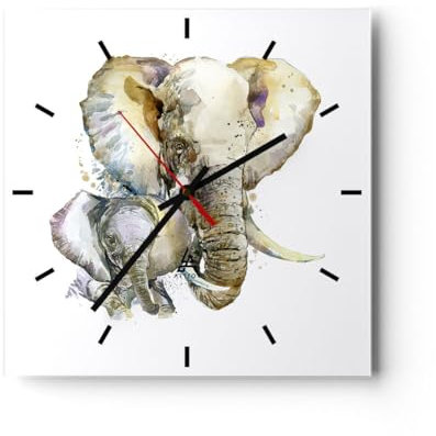 Modern Wanduhr Elefanten Tier Safari Afrika 30x30cm Quadrat Klein Wand Uhr Glas Analog Zimmeruhren Küche Büro Wohnzimmer Glasuhr Wall Clock Dekoration Design Wanddekoration Küchenuhr C3AC30x30-2884