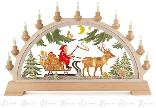 Rudolphs Schatzkiste Schwibbogen Nikolaus mit Schlitten farbig, elektrisch beleuchtet BxHxT = 65x40 NEU Erzgebirge Lichterbogen Leuchterbogen