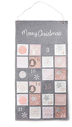 HEITMANN DECO Stoff-Adventskalender Merry Christmas - moderner Adventskalender zum Befüllen und Aufhängen - grau rosa weiß, 80 x 43 cm