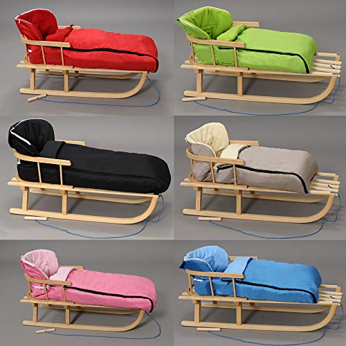 Holzschlitten mit Rückenlehne Winterfußsack 90cm oder 108cm Schlitten Holz Zugseil Sicherheitsgurt Rodelschlitten Bob Schlitten GRATIS (Rosa 108cm)