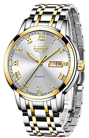 LIGE Armbanduhr Herren, Uhr Herren Quarz-Analoguhr, Herrenuhr mit Kalender, Edelstahlarmband 3ATM Wasserdicht, Klar Leuchtzeiger, Schöne Geschenke, Business Outdoor Erholung, Gold Silber