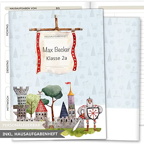 OLGS Hausaufgabenheft Hülle Ritter & Drachen inkl. Heft Schulheft Schutzhülle Umschlag Geschenkidee Einschulung personalisierbar mit Namen und die Schulklasse (personalisiert, Ritterburg)