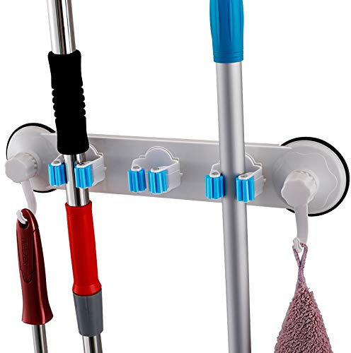ZCXBHD Broom Mop Holder Suction Cup Organizer,plastic Broom Mop Holder Rack Wall Mounted,with 3 Position 2 Hooks No Drilling