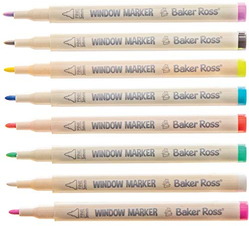 Baker Ross AT859 Fine Tip Glass Pens, For Kids Glass Painting Kit and Arts and Crafts Projects (Pack of 8), Assorted,Yellow,Blue,White,Green,Red,Pink,Black,Purple