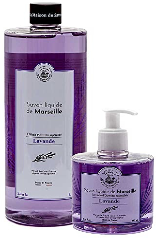 Savon de Marseille - French Liquid Soap made with Organic Olive Oil - Lavender Hand Wash 1 Litre Refill and 330ml Pump Bottle Dispenser