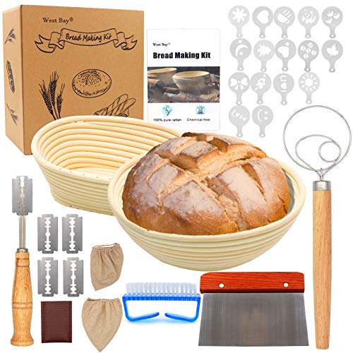 West Bay Brot-Gärkörbchen-Set, 25,4 cm rund und 20,3 cm ovaler Rohr, Sauerteigkorb mit Brot, Lamme, Teigschaber, Leinen-Liner, Pinsel, Mehlschablonen, Gärung, dänischer Teig, Schneebesen, Vatertag