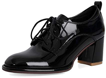 ANNIESHOE Blucher Mujer Cuero Cordones Derby Oxford Shoes for Women Zapatos con Tacon Primavera Otoño Negro 37CN 37EU 23.5cm