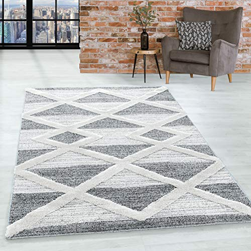 Hochflor Teppich 3D Geometrisch Design 200x290 cm Grau - Für Wohnzimmer, Schlafzimmer, Esszimmer, Küche - Boho Shaggy 20 mm Florhöhe Extra Weich Flauschig Pflegeleicht