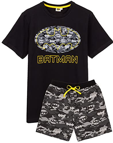 DC Comics Batman Pyjamas For Men | Short OR Long Leg Bottom Options Camo PJS | Adults Superhero Black T-Shirt & Adjustable Drawstring Loungepants Gift