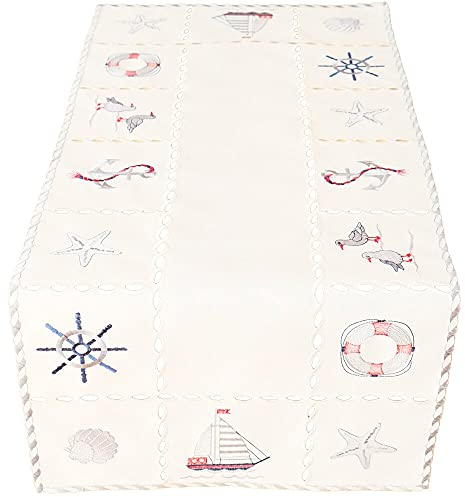 matches21 Tischläufer/Mitteldecke Stickerei bunt Maritime Motive Tischwäsche wollweiß bunt 40x90 cm Polyester