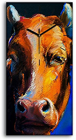 Coloray Uhr auf Leinwand - Schwarze Hände - Segeltuch Dekoration Wand Uhr Ohne Tickendes Geräusc Wohnzimmer Kunst - braune Kuh