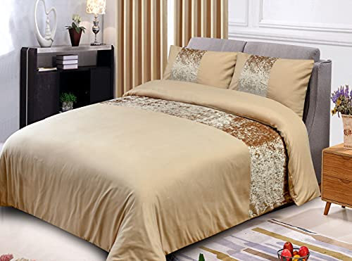 ROOEE Crushed Velvet Panel Duvet Cover with Pillowcase Bedding Set. [ Colour Champagne-Gold Size Single ]