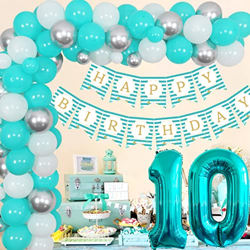 Sursurprise 10. Geburtstagsdekorationen für Mädchen Teal Blue White and Silver Balloon Garland Arch Kit Türkis Happy Birthday Banner Nummer 10 Folienballon für 10 Jahre alte Geburtstagsparty Supplies
