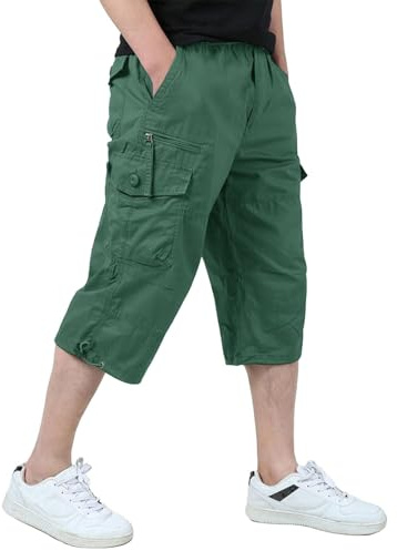 KEFITEVD Men's Casual Cargo Shorts Elastic Waist Long Shorts 3/4 Length Capri Shorts,Bean Green,36