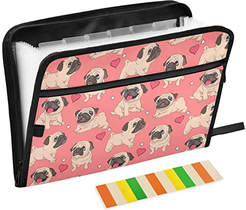 ZZKKO Lustiger Cartoon-Mops-Ordner mit 13 Fächern, erweiterbarer Aktenordner mit Klebeetiketten, Akkordeon-Aktenordner, Dokumenten-Organizer, Briefgröße, A4-Papier, erweiterbarer Aktenhalter, Rosa