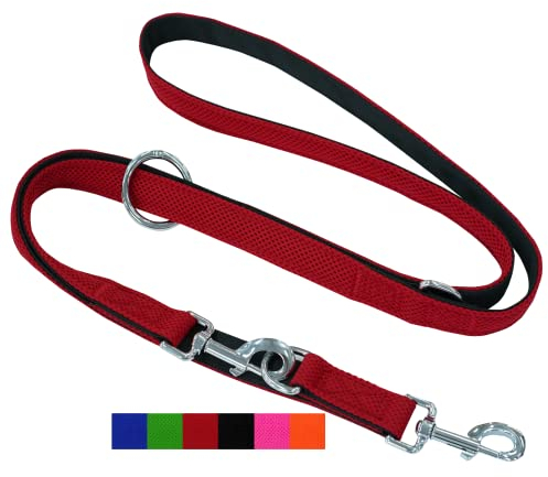 DEY - Premium Hundeleine Air Mesh 2m | 3fach Verstellbar | für Kleine, Mittelgroße u. Große Hunde | viele Farben | Doppelleine Hund Katze | Schleppleine | Führ-Leine | Welpen-Leine | Rot, M