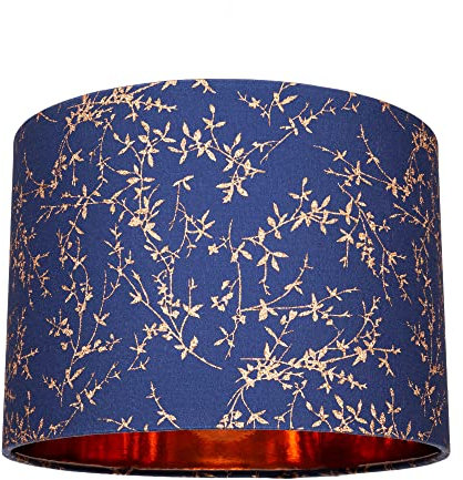 Modern Navy Midnight Blue Cotton Fabric 10 Lamp Shade with Copper Foil Floral Decoration Suitable for Table or Ceiling Usage | 25cm Diameter | 60w Maximum by Happy Homewares