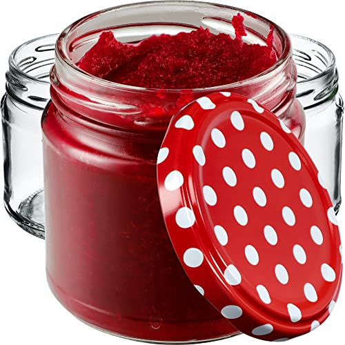 KADAX Petits pots de conserve 200 ml bocaux à confiture fi66 mm mini verres pour miel et épices bocaux en verre hermétiques bocaux en verre ronds (100 pièces à pois rouges)