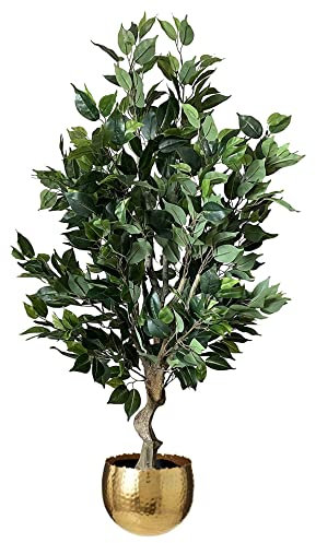 Leaf Realistic Artificial Tree with Planter, Mixed Materials, Dark Bushy Ficus Gold Curve, 100cm