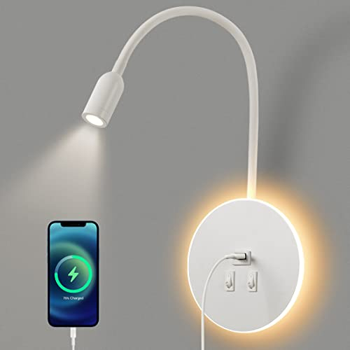 AWEKLIY Applique murale LED, Lampe Col de Cygne Flexible,liseuse de chevet avec interrupteur, port de charge USB, lumière ambiante de la chambre (lumière naturelle 3 W + lumière chaude 8 W) Blanc