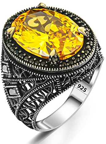 925 Sterling Silber Gelber Citrin Stein Herrenring mit seitlichen Steinen Zirkon Silberschmuck Geschenk für Männer (70)