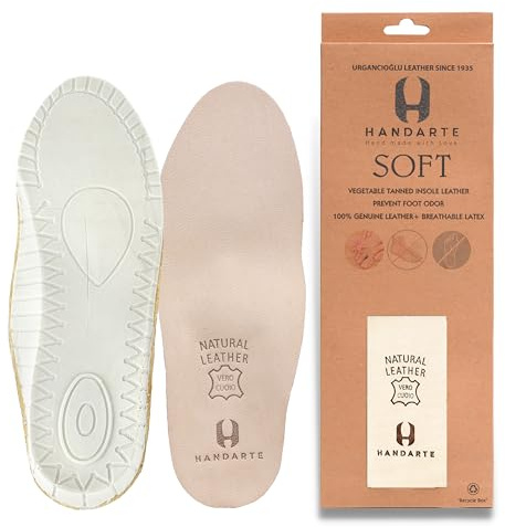 HANDARTE Leather Orthopedic Shoe Insoles for Men | Padded Comfort Inserts - Odor Eaters Shoe Soles | Anti Sweat & 100% Natural Goatskin (Size UK 8.5 | EU43)