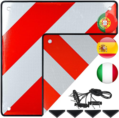 Reflektierende Warntafel für Auto Sicherheit Italien Spanien Portugal, JOYCEMALL 3 in 1 Aluminium Rot Weiß Warnschild 50x50cm mit 4X Spannseile für Fahrradträger Heckanhänger Wohnmobil Auto Anhänge
