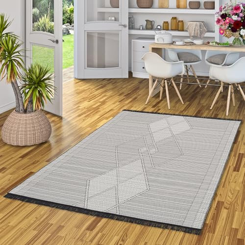 Pergamon Designer Teppich Beidseitig Flachgewebe Ethno Kelim Schwarz Weiss Meliert, Teppich Läufer, Teppich Pflegeleicht und Waschbar in 5 Größen