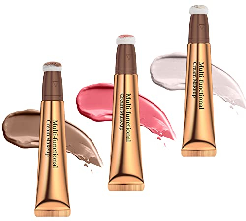 Ofanyia Flüssiger Highligher, Rouge-Konturstab, flüssiger Gesichts-Concealer-Konturstab mit Kissen-Applikator, hohe Deckkraft, cremig, konturiert, Rouge-Stick, 3 Stück