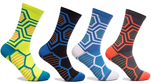 HULG Radsocken Herren,4 Paar Fahrrad-Socken, Lang, Atmungsaktiv, Rennrad, Mtb, Für Herren & Damen,Damen & Herren Laufsocken Funktionssocken Wandersocken Stoßabfedernd (Rainbow,L-(39-44))