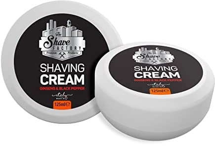 THE SHAVE FACTORY Rasiercreme-Seife – Ginseng & Schwarzer Pfeffer 125ml – Reichhaltiger Schaum, Glatte und Angenehme Rasur – Feuchtigkeitsspendende Formel mit Luxuriösem Duft