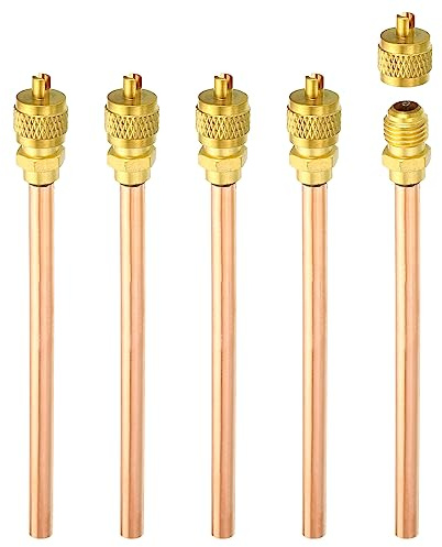 PATIKIL 1/4 SAE x 1/4 OD x 4 Stem x 5 L Service Access Valve, 5 Pack Filling Access Valves + Core & Cap Remover for Air Conditioner Refrigeration