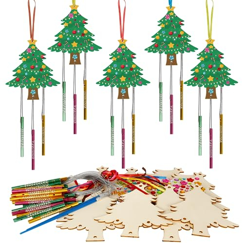 WEDNOK 10 Stück Weihnachtsbaum Windspiel Bastelset Weihnachten Basteln Kinder Holz Weihnachtsdeko Bastelhandwerk zum Bemalen Kreativsets Klangspiele Geschenk für Mädchen Jungen Weihnachten Winter