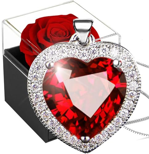 Preserved Real Rose with Crystal Necklace,Forever Red Rose with Women Heart Necklace,925 Sterling Silver Ruby Birthstone Pendant in Eternal Rosebox,Infinity Gift for Her On Christmas valentine