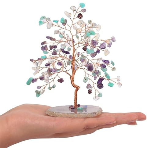 Crystal Feng Shui Energy Trees， Gemstone Chakra Amethyst Rose Quartz Tree Ornaments W/Agate Base Money Tree of Life Ornament Reiki Crystals Office Table Decoration (Color : Mixed Stone 1)