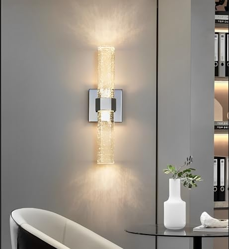KRUIHAN Wandleuchten für Innenräume Kristall Wandleuchten Schirme LED-Wandleuchte Dreifarbig Wandleuchte Art Deco Wandleuchte für Hotel,Schlafzimmer,Korridor,Badezimmer,Innenbeleuchtung (Chrom)