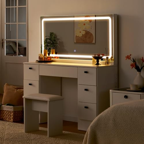 CLIPOP White Dressing Table Set with LED Mirror, Stool and Charging Station, Mirrored Vanity Table with 7 Large Storage Drawers Makeup Desk Bedroom Furniture Set for Women Gift
