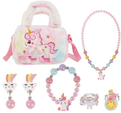 OSDUE Sac Licorne Jouet Bijoux Enfants Fille, Bijoux Enfants Petites Filles Sacs à Main en Peluche Collier Bracelet Boucles d'oreilles Bagues kit Bijoux, Cadeau Fille 2 3 4 5 6 8 Ans-Carré