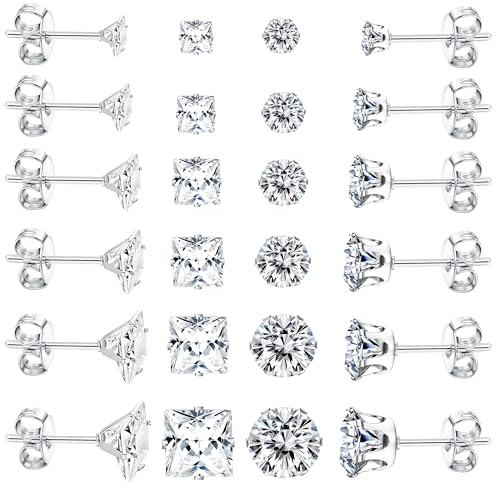 Dochais 12 Paar Ohrringe - Silberne Medizinische Ohrstecker aus 316L Chirurgenstahl - Hypoallergene Zirkonia Ohrringe für Herren und Damen