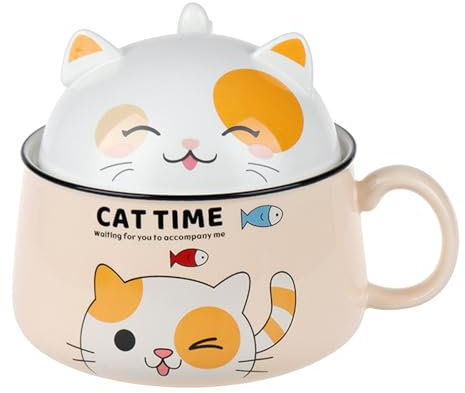 Bol à ramen pour chat 1020 ml Bol à ramen mignon avec couvercle et poignée Bol à nouilles instantanées en céramique Bol à nouilles ramen Bol à ramen mignon pour soupe pâtes salade céréales dessert